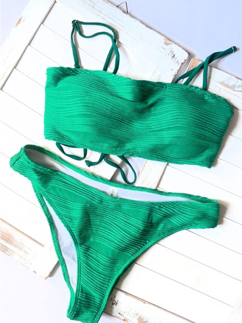 Zaful Green Ribbed Bandeau Bikini